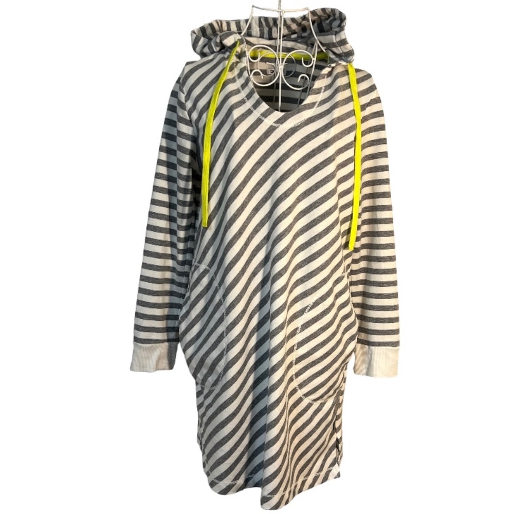 💥SALE💥 DKNY Grey White Striped Hooded Shirt Dress With Pockets